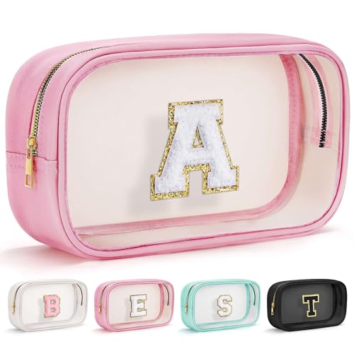 YOOLIFE Graduation Teacher Gifts Initial Clear Makeup Bag Birthday Gift Travel Toiletry Preppy Cosmetic Bags Birthday Gift for Girls Kids Travel Essentials Clear Toiletry Bag A
