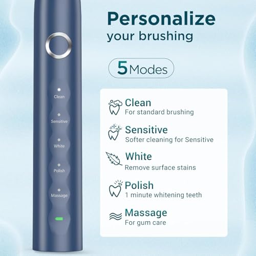 Electric Toothbrush for Adults with 8 Brush Heads, Sonic Toothbrush Rechargeable with a Holder & Travel Case, 2.5 Hours Charge for 120 Days Use - Blue