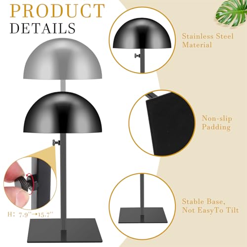 Sintuff 2 Pcs Hat Display Stand 7.9-15.7 Inch Adjustable Hat Holder Sturdy Wigs Head Stand Anti-rust Non-slip Stable Stainless Steel Metal Hat Rack for Multiple Hats Storage Wig(Black,Square Base)