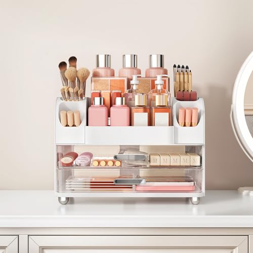 Makeup Organizer, Large Vanity Organizer with Brush Holder and 2 Drawers, Clear Cosmetic Storage Box for Bathroom Countertop, Toiletry and Skincare Storage for Lipsticks, Lotion, and perfume, White