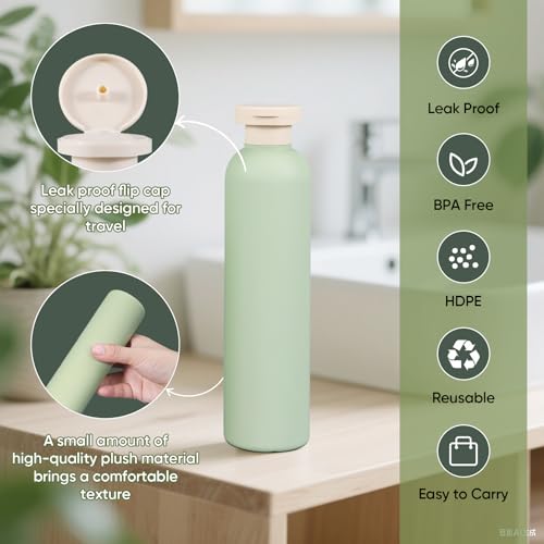 DEMORA 8.8oz Large Travel Bottles for Toiletries, Leak Proof Plastic Travel Squeeze Bottles Refillable Toiletry Containers with Flip Caps and Labels for Shampoo Conditioner Body Wash (Green, 4 Pcs)