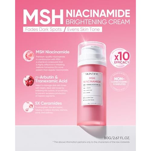 MSH Niacinamide Brightening Cream,Fades Dark Spots, Evens Skin Tone, Tranexamic Acid, ¥á-Arbutin, 5X Ceramides, Centella Asiatica, Suitable for Oil skin, 2.67 oz / 80g