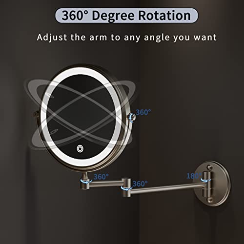 Rechargeable Makeup Mirror Wall Mounted with Double Side 1X/10X Magnification,3 Color Lights Touch Screen and 360¡Æ Swivel Extendable(Brushed Grey)