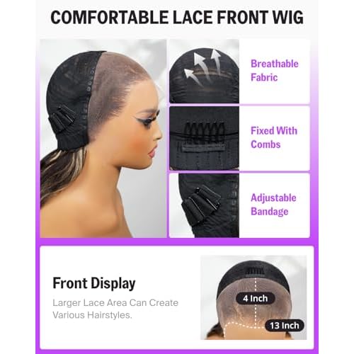 Ombre Body Wave HD Lace Front Wigs Human Hair Glueless Wear and Go 13x4 Frontal Wigs Human Hair Highlight Balayage Body Wave Wig Pre Plucked Pre Bleached Wig 200% Density 24 Inch 1B/27