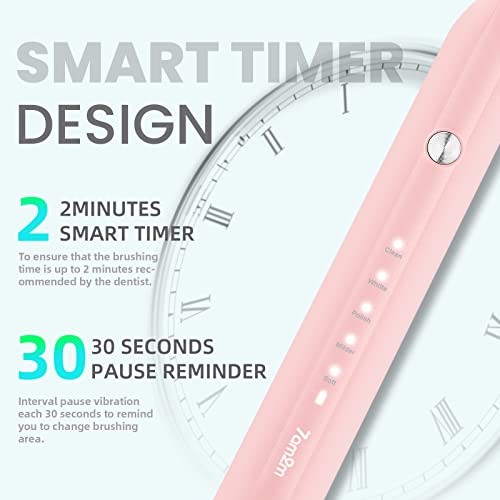 7AM2M Ultrasonic Electric Toothbrush for Adults and Kids, 40000 VPM High-Powered with 4 Brush Heads & 5 Modes, One Charge for 90 Days, 2 Minutes Built-in Smart Timer, Rechargeable Toothbrushes, Pink