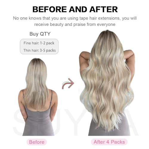 SUYYA Tape in Hair Extensions Human Hair Jet Black 28 Inch 60g/pack 20pcs Straight Seamless Skin Weft Tape in Real Human Hair Extensions(28inch #1 Jet Black)
