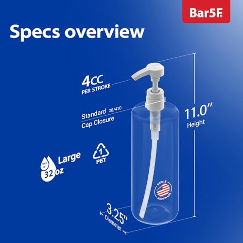 Bar5F Pump Bottle (2-Pack 32-Ounce 1-Liter) Empty for Shampoo Conditioner Body Wash Lotion BPA-Free Crystal-Clear