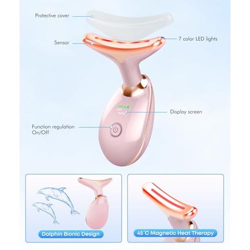 Red-Light-Therapy-for-Face-and-Neck, 7 Color Face Massager Tool for Wrinkles, Double Chin, Vibrating Facial Massager with Thermals for Skin Care, Glossy Pink