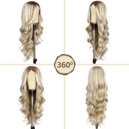 Highlight Blonde Lace Front Wig for Women 13x4 Body Wave Synthetic Wigs Balayage Pre-plucked Long Wavy Wig 150% Density Heat Resistant Hair Replacement Wigs 26 Inch