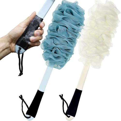2Pack Back Scrubber for Shower, Loofah with Handle, Back Loofah Non-Slip Handle, Bath Body Brush, Scrub Cleaning Brush for Shower, Soft Mesh Sponge On a Stick for Men Women Elderly (Blue and White)