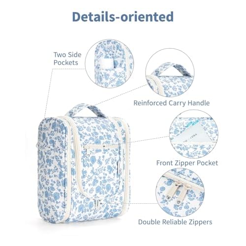 Narwey Hanging Toiletry Bag Women Travel Makeup Bag Organizer Toiletries Bag for Travel Size Essentials Accessories Cosmetics (Medium,Little Blue Flower)