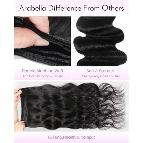 Arabella 3 Body Wave Bundles Human Hair 18 20 22 Inch Natural Black Bundles 100% Unprocessed Brazilian Virgin 10A Weave Sew in Double Weft Human Hair Bundles
