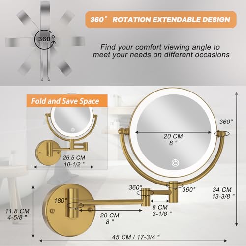 8" Make up Mirror Wall Mounted Lighted 10X Magnifying Hard Wired, Double Sides 3 Color Lighting Touch Dimming, 360 Swivel Extended Arm Shaving Light up Mirror for Bathroom, Brushed Moderne Brass