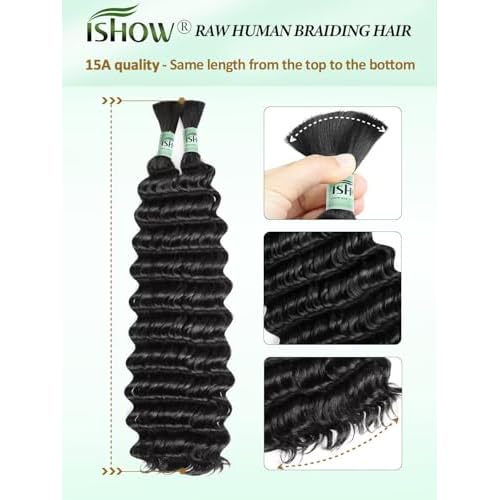 ISHOW Raw Human Braiding Hair, 100% Unprocessed Virgin Human Hair, 15A Deep Wave Boho Hair, 100g 16 Inch (2 Packs), NO.1 Premium Quality Boho Hair Producer, Long Lasting, Color 1B