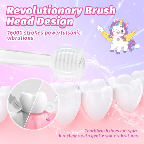 Kids Electric Toothbrush, Sonic Toothbrush for Toddler Children & Baby Ages 1-3 2-4 5+, with 2-Minute Smart Timer & Fun LED Light, 4 Brush Heads Soft Bristles, Battery Powered (Pink Unicorn)