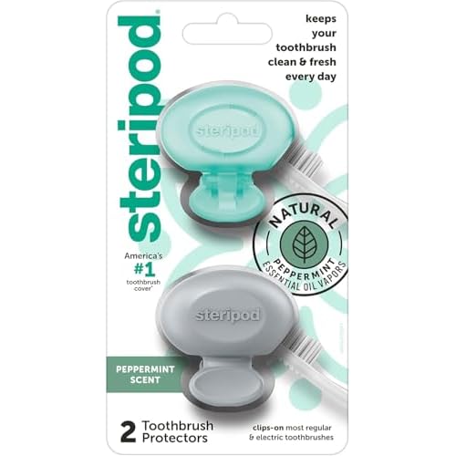 Steripod Clip-On Toothbrush Protector with Peppermint Essential Oils, Keeps Toothbrush Fresh and Clean, Travel Accessories, Fits Most Manual and Electric Toothbrushes, 2 Count