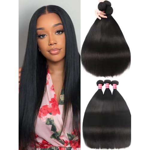 YIROO Yaki Straight Human Hair Weave 3 Bundles 12A Kinky Straight Double Wefts for Women Unprocessed Real Virgin Hair Sew In Human Hair Extensions Cllip In Light Yaki Natural Black Color 16 18 20Inch