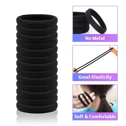 100PCS Black Soft Seamless Cotton Hair Ties for Women and Girls, Thick/Thin Hair Ponytail Holders, No Crease No Damage Elastics (1.6 Inch Diameter)