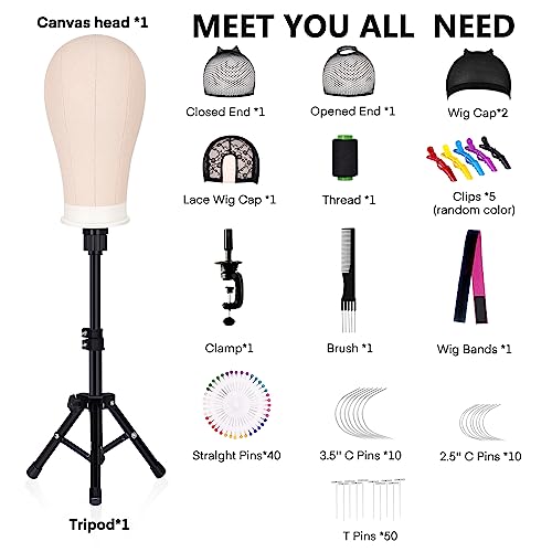 22 Inch Canvas Wig Head Mannequin Head With 63in Tripod Stand, Manikin Canvas Head Set for Wigs Making Display Styling with Tripod Table Clamp Wig Caps Pins Set Hair Brush, Clips(Beige)