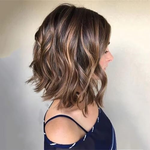 Ombre Brown Short Bob Wig Highlights Wavy Mixed Blonde Human Hair 13x6 HD Transparent Invisible Lace Front Wigs Pre Cut Pre Bleached Loose Wave Bob Brazilian Hair 150% Density 8inch