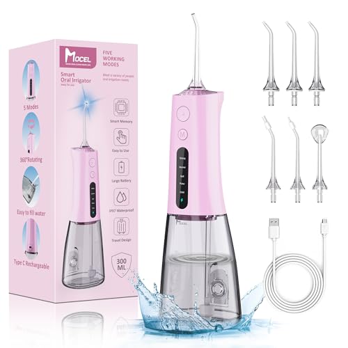 Water Dental Flosser OLED Display Cordless Teeth Cleaning MOCEL 5 Modes Oral Irrigator 300ML Portable and USB C Rechargeable IPX7 Waterproof Floss Teeth Pick (Pink)
