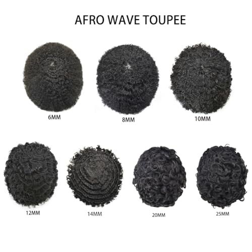 Afro Curly Toupee 0.1mm PU Base Human Hair Units for Black Men African American Afro Wavy Black Mens Hair System Brazilian Hair Wig8"X10"#1B Off Black-8mm Wave