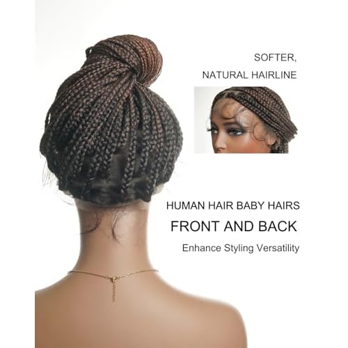 24" Pre-Bleached Human Hair Lace Base HD Full Lace Knotless Box Braided Wig ? Swiss Lace, Lightweight with Human Baby Hair, 100 Strands, Ombre Brown