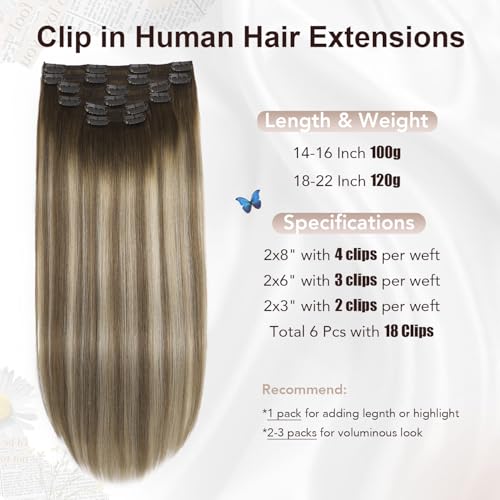 XDhair Clip in Hair Extensions Human Hair 120g 20 Inch 6pcs Balayage Color 3 Darker Brown to 8 Ash Brown and 22 Golden Blonde Double Drown Clip in Hair Extensions(20¡±, 3/8/22)
