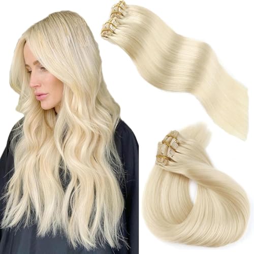 ABH AMAZINGBEAUTY HAIR Blonde Clip in Hair Extensions Straight Clip in Hair Extensions Human Hair 22 Inch Invisible Double Side Skin Weft Clip on Hair #60 Platinum Ash Blonde 8pcs 120G