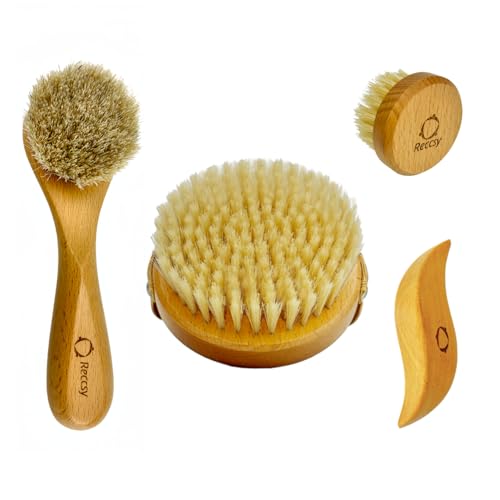 4pcs Dry Brushing Body Brush Set for Lymphatic Drainage-Natural Bristle Dry Skin Brush +Facial Dry Brush for Face+Dry Skin Exfoliating Scrubber+Wood Therapy Massage Tool. Gua Sha, Anti-Cellulite.