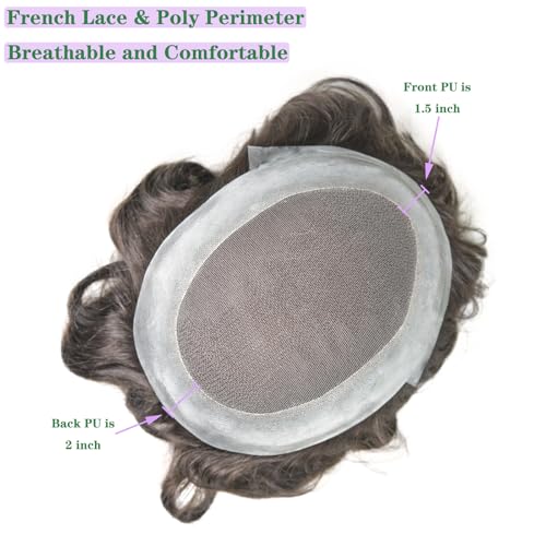 Men¡¯s Toupee 100% Human Hair French Lace Center PU Around Hair Replacement System for Men Natural Hairline 10x8Inches 6 Inch Hair Medium Density #7 Light Brown Color