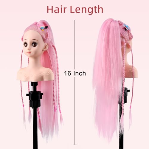 Anstar Hair Styling Doll Head for Girls Styling Head for Kids Mannequin Head with Pink Hair Doll Head for Hair Styling Braiding Cosmetology Manikin Head with Clamp Holder and Tools