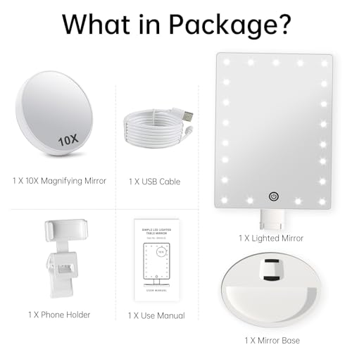 Lighted Makeup Vanity Mirror with Phone Holder and 10X Magnifying Mirror, 21 LED Lighted Mirror with Touch Sensor Dimming, 180¡ÆAdjustable Rotation, Dual Power Supply, Portable Cosmetic Mirror