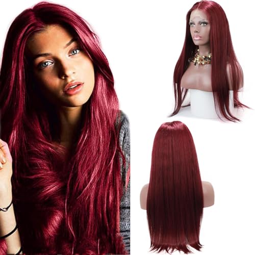 10A Glueless Pre-Plucked Natural Looking Long Straight 99J Burgundy Wine Red Wine Wig Brazilian Human Virgin Hair Lace Front Wigs with Baby Hair for Women
