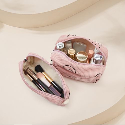Makeup bag set small Cosmetic bag for women purse Corduroy Organizer with interior Pockets,cute Pencil zipper Pouch travel Toiletry Bag with handle(Smile face Pink)