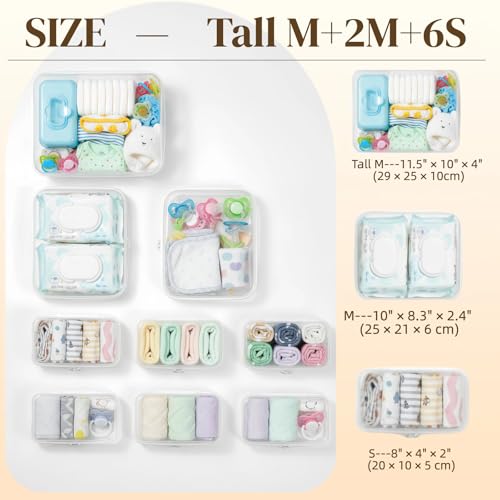 9 pcs Zipper Pouches Nesting Set, Hard Shell Toiletry Bag, Stackable Travel Organizer, Cosmetic Bags, Transparent Diaper Bag, Storage Cases (1 Tall M + 2M + 6S)