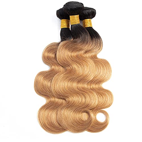1b27 Human Hair Bundles Ombre Blonde Body Wave Bundle Niegmeag Virgin Remy Hair 3 Bundles 26 28 30 Inch Double Weft 2 Tone Black and Honey Blonde Bundles Hair Weave