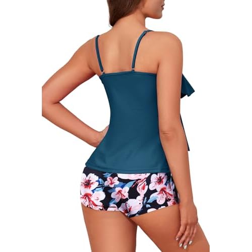 Womens Tankini Swimsuits with Boy Shorts Tummy Control Plus Size Modest Flounce Vintage Tank Top Two Piece Bathing Suits