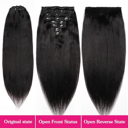 Yaki Straight Clip in 18inch Hair Extensions, 120G Full Head Real Human Hair Clip for Women Seamless Yaki Clip ins Hair Extensions for Thin Hair Natural Black 8Pcs Hair Pieces with Secure Clips
