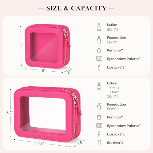 Clear Makeup Bag, Travel Toiletry Bag Cosmetic Case for Women, Waterproof Portable Make Up Skincare Pouch with Zipper, Compact Car Organizer Bag for Essentials, Mini & Medium, Hot Pink