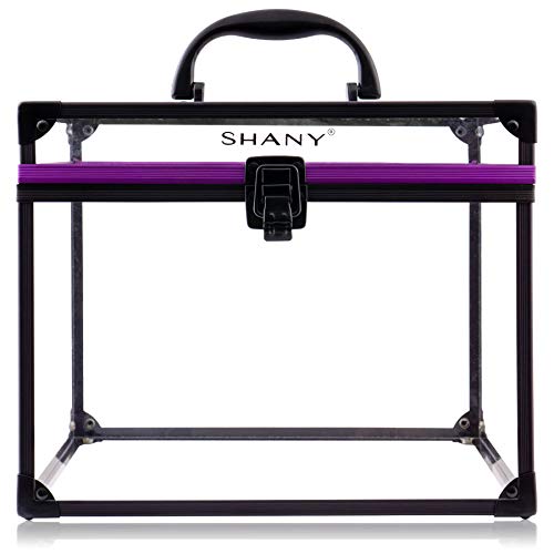 SHANY Clear Cosmetics and Toiletry Train Case - Clear Travel Makeup Bag Case Organizer with Secure Closure and Black/Purple Accents - Extra Large