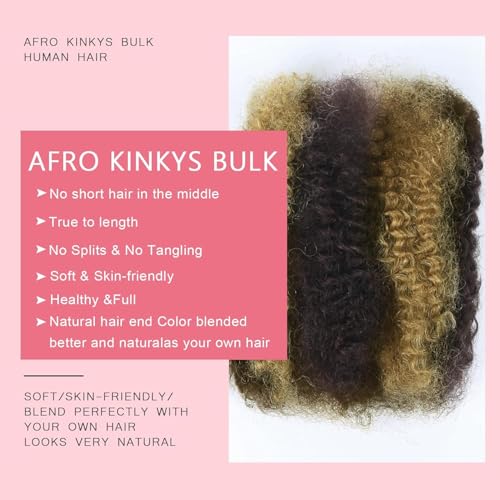 Afro Kinkys Bulk Human Hair for Dreadlocks Extensions Highlight Brown 4 Bundles Kinky Curly Afro Bulk Human Hair for Braiding Twists Repair Locs and Braids 100% Real Human Hair Total 200 Gram P4/27#