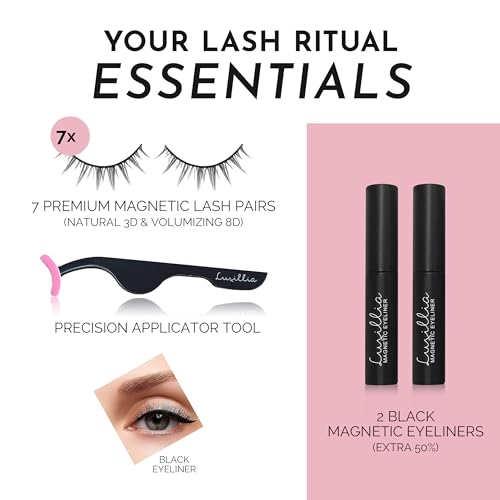 Luxillia Magnetic Eyelashes Kit ? 10 Piece Magnetic Eyelash & Eyeliner Set with Applicator ? Natural Look Easy Apply Reusable Fake Extension Lashes, No Glue ? Pesta?as Postizas Magn?ticas Naturales