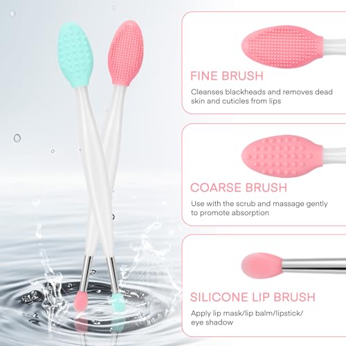 Unaone Lip Scrub Brush - 2 PCS Dual-ended Lip Scrubber Exfoliator and Silicone Lip Brush, 3-in-1 Silicone Lip Scrub Tool Lip Mask Applicator, Gentle Exfoliator & Applicator for Soft