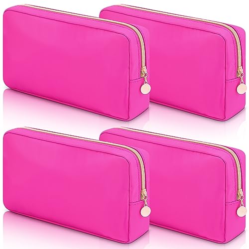 Hushee 4 Pcs Nylon Makeup Bag Preppy Zipper Pouch Waterproof Nylon Toiletry Storage Bag for Women(Small,Hot Pink)