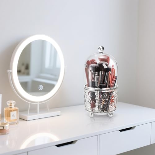 Rotating Makeup Brush Holder, Dustproof Cosmetic Tools Organizer with Lid, 360¡Æ Spinning Covered Brushes Storage with Anti-slip Pads for Vanity, Bathroom Countertop & Bedside Table, Clear