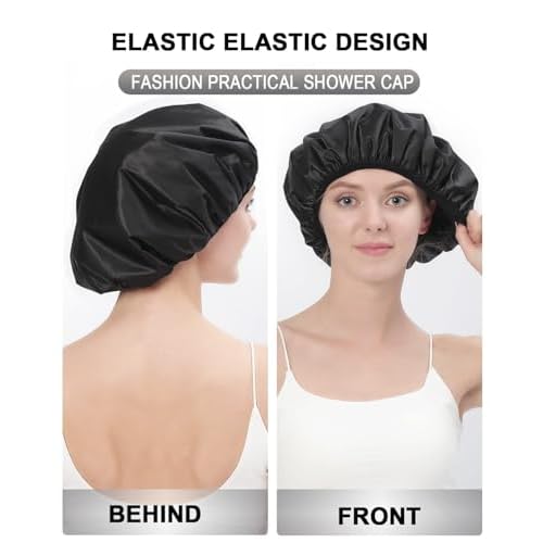 YIZIJIZI Terry Lined Shower Cap,Triple Layer Large Cap for Women,Shower Cap Reusable Waterproof,Long Thick Hair(Black)