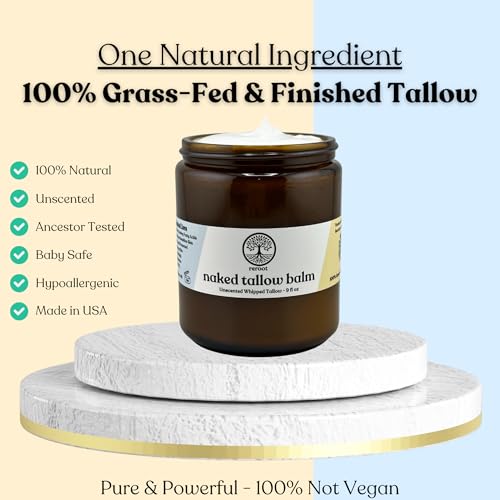 Beef Tallow for Skin - NAKED TALLOW BALM I 1 Ingredient - 100% Grass Fed Beef Tallow | Whole Body & Face | Whipped & UNSCENTED for Sensititve Dry Skin, Babies, Eczema, Psoriasis, Rosacea (9oz)