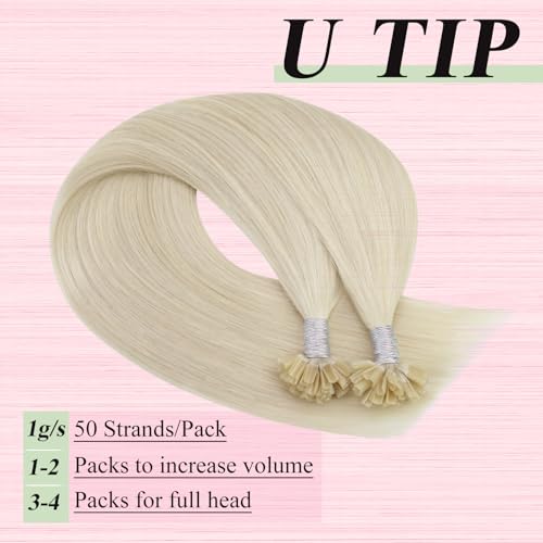 YoungSee U Tip Hair Extensions Human Hair Platinum Blonde 24 Inch Keratin Hair Extensions Platinum Blonde U Tips Extensions Blonde Utip Human Hair Extensions Blonde 50s/50g Hot Fusion Hair Extensions