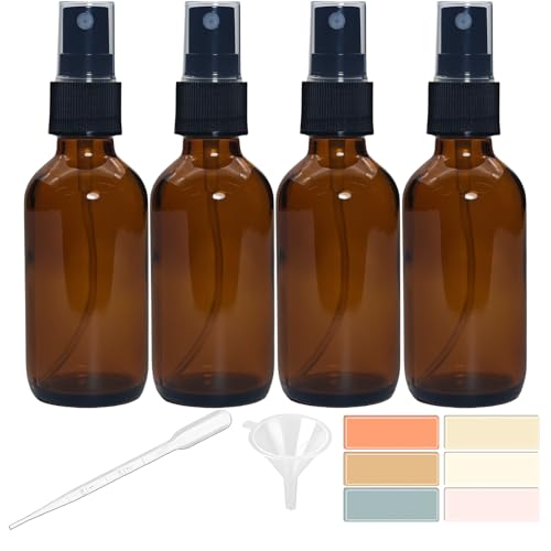 4 PACK 2 oz Amber Small Glass Spray Bottles, Empty Spray Bottle for Hair, Plants, Perfume - Fine Mist, 2oz Mini Spray Bottle